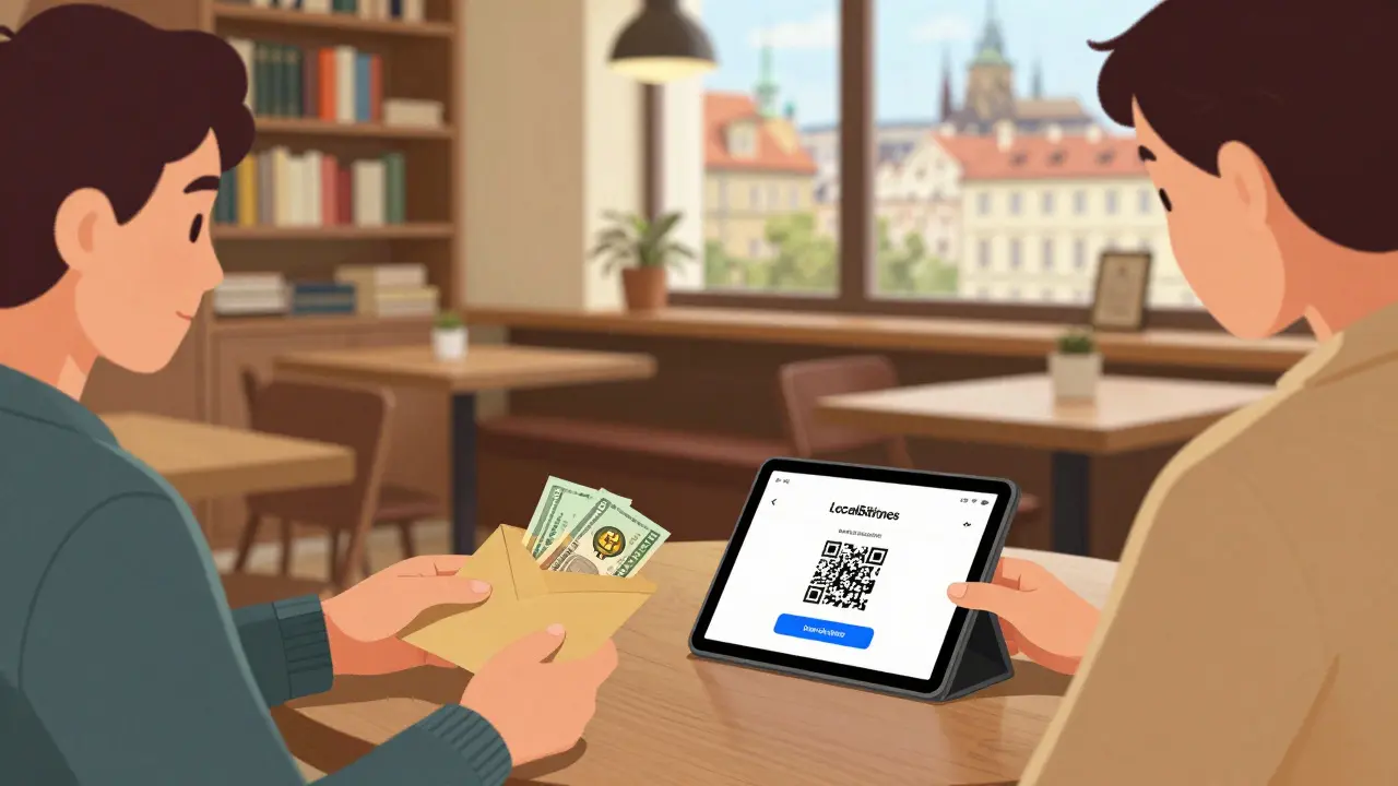 Dva lidé se setkávají v kavárně v Praze, jeden předává hotovost za bitcoin přes P2P transakci s escrowem.