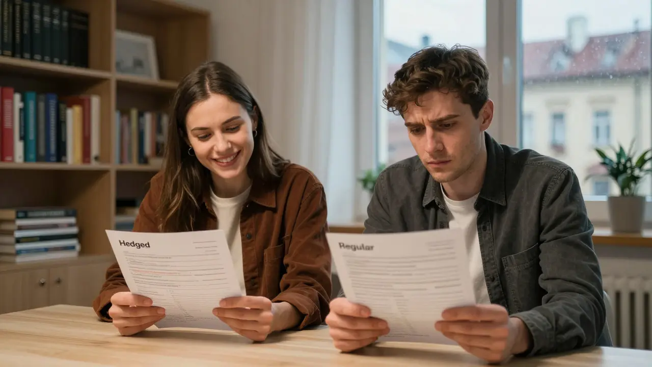 Dvě osoby v bytě porovnávají investiční výkazy — jedna s ochranou proti měnovému riziku, druhá bez ní.