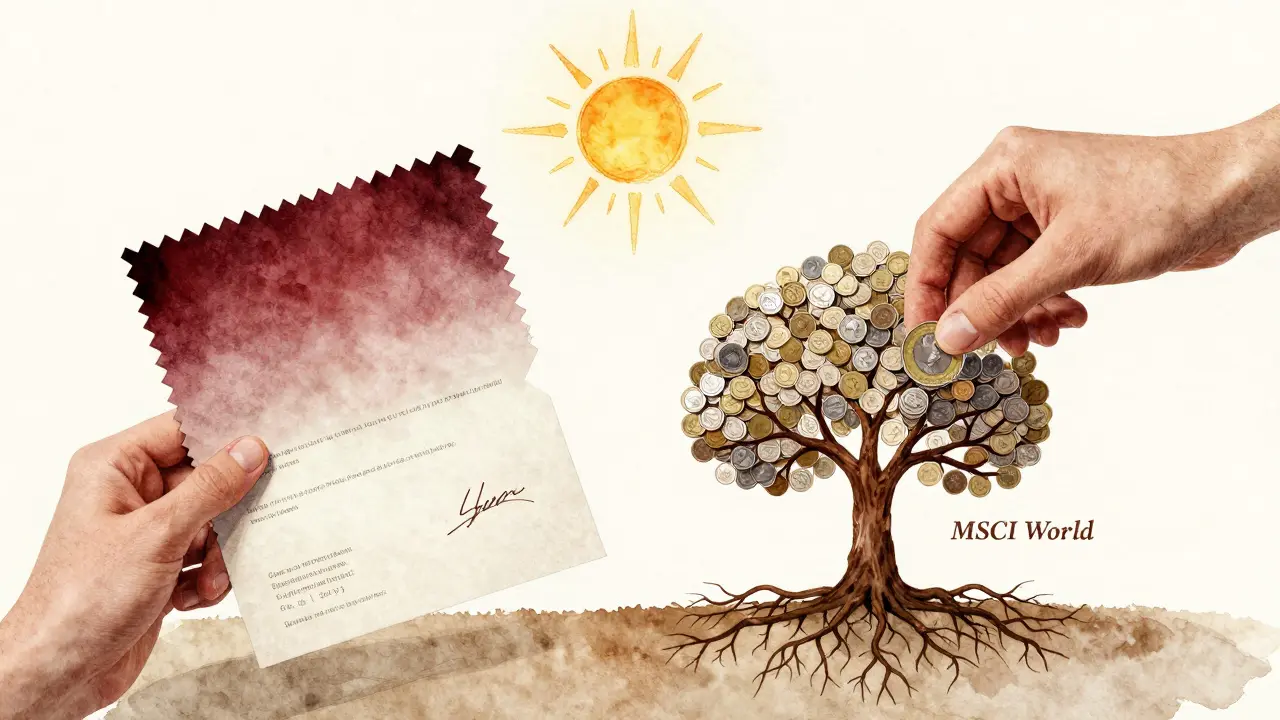 Dvě ruce: jedna drží nestálou akcii, druhá sází do stromu složeného z indexových fondů — symbol dlouhodobé investice.