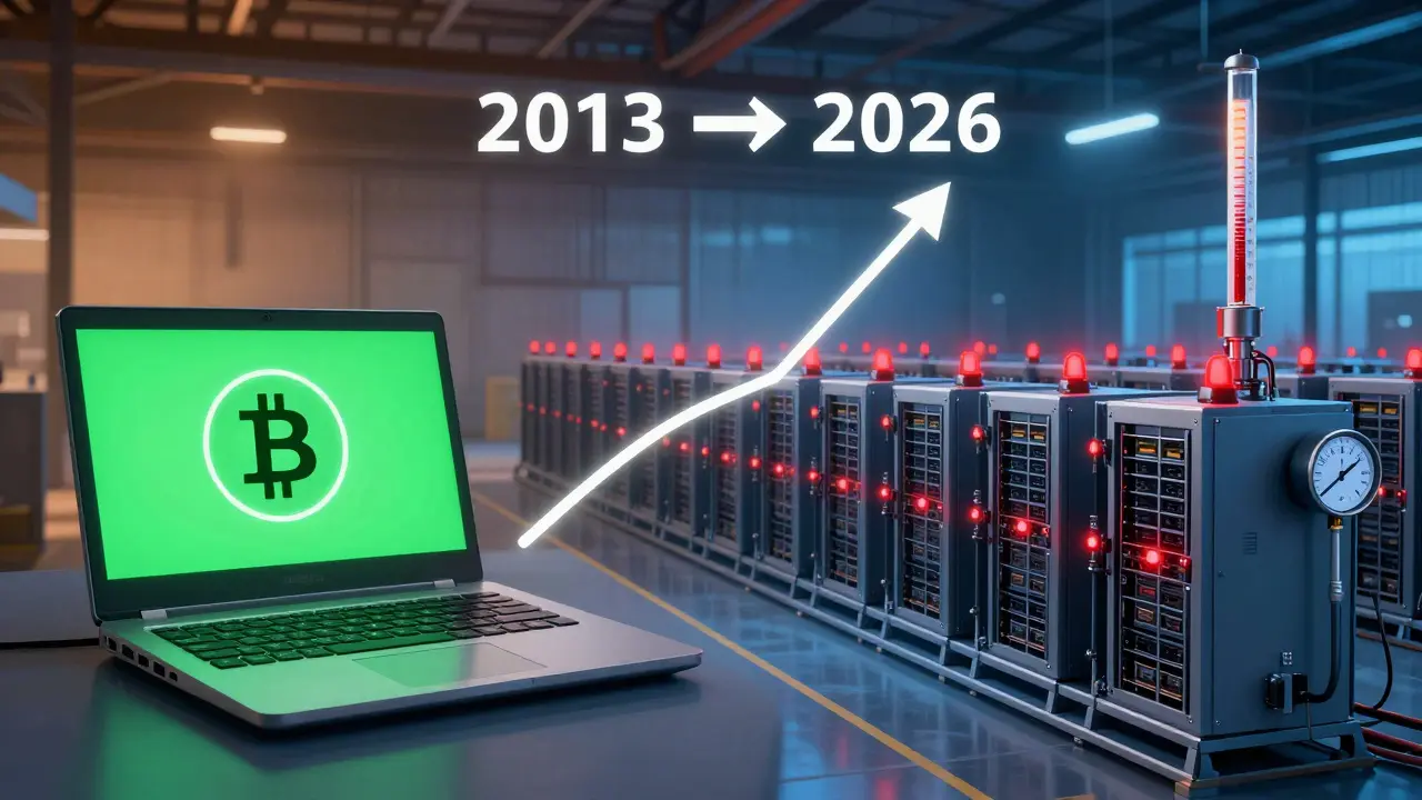 Dvě strany: starý laptop z roku 2013 a moderní ASIC farmářský komplex, mezi nimi časová osa růstu obtížnosti.