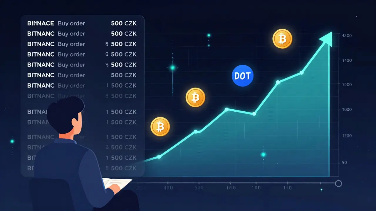 Graf růstu Bitcoinu přes roky s pravidelnými týdenními nákupy na Binance.