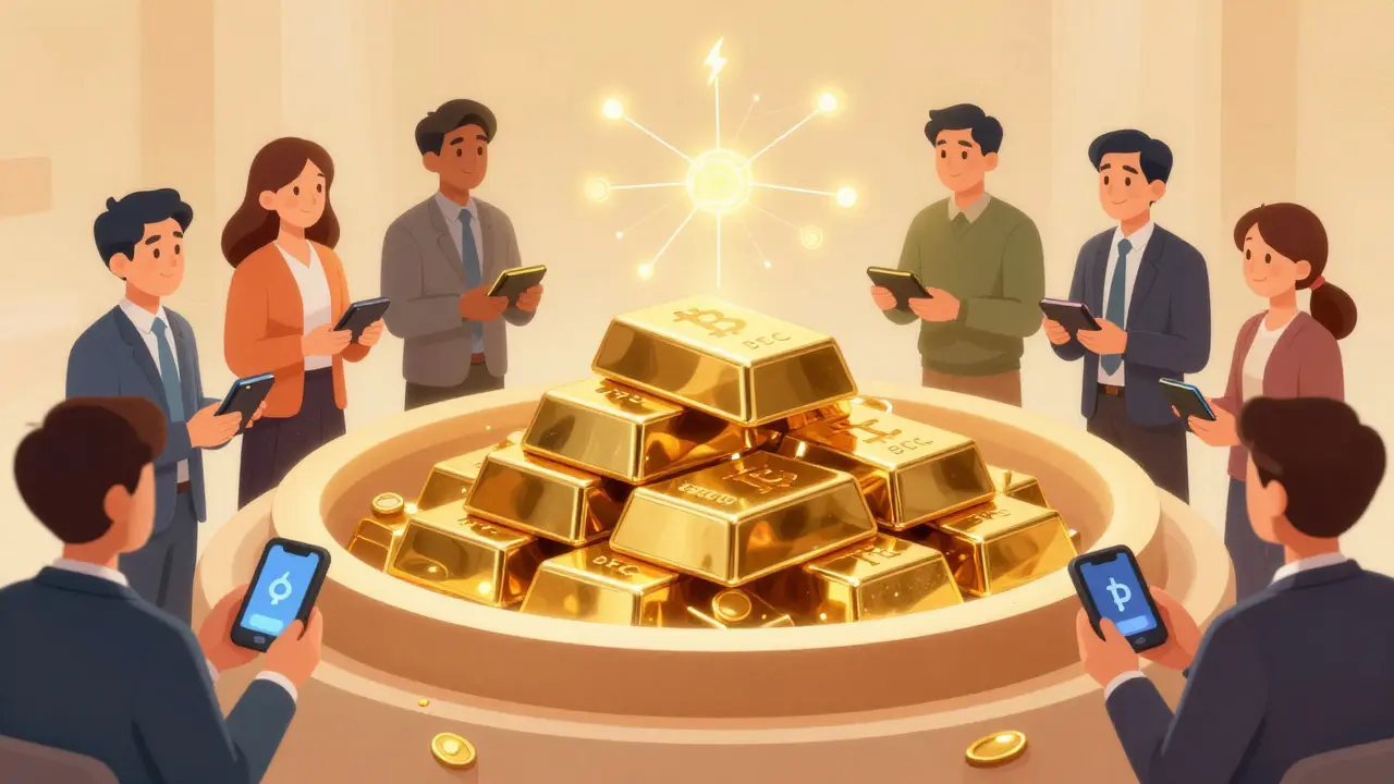 Klenotnice s digitálním zlatem a lidmi s hardwarovými peněženkami.