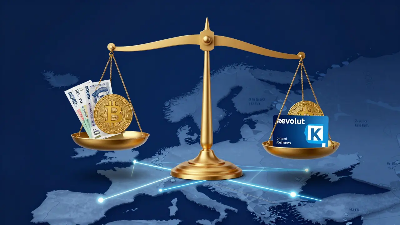 Konceptuální váha s bitcoiny a českými penězi, symbolizující nejlepší platformy pro prodej v Česku.