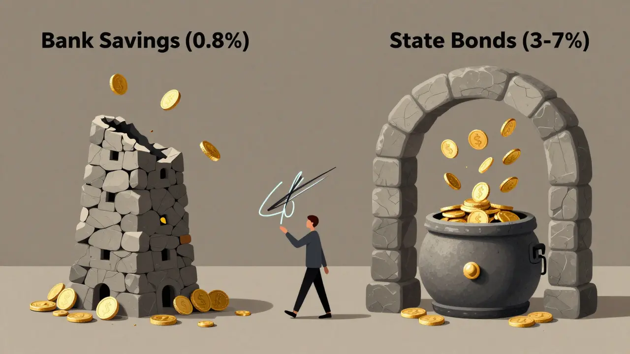 Kontrast mezi nízkým úrokem na účtu a bezpečným příjmem ze státních dluhopisů.