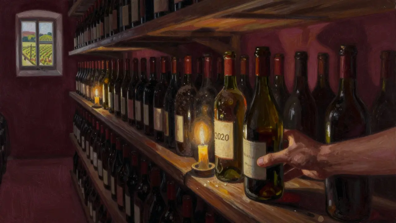 Moravská vinná sklepní místnost s starými lahvemi vína, osvětlená svíčkami, jedna lahve z roku 2020 září.