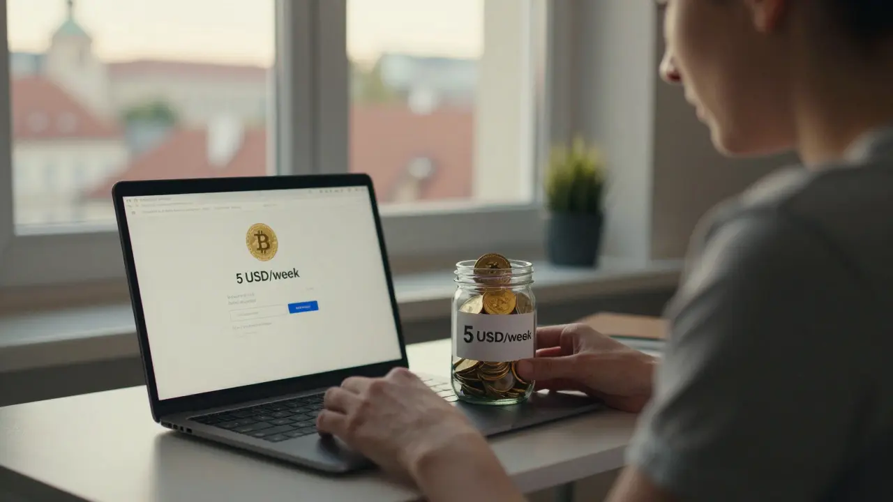 Osoba sleduje malý týdenní nákup bitcoiny, vedle ní nádoba plněná bitcoiny.