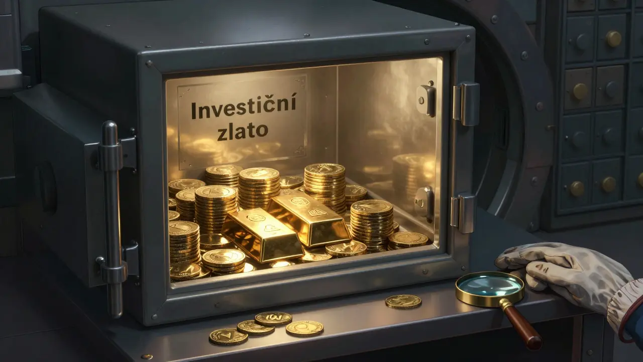 Otevřená bezpečná schránka v bance s investičním zlatem.