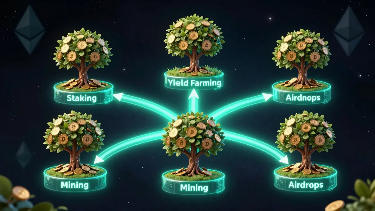 Pět světelných cest symbolizujících způsoby vydělávání na kryptoměnách v roce 2026.