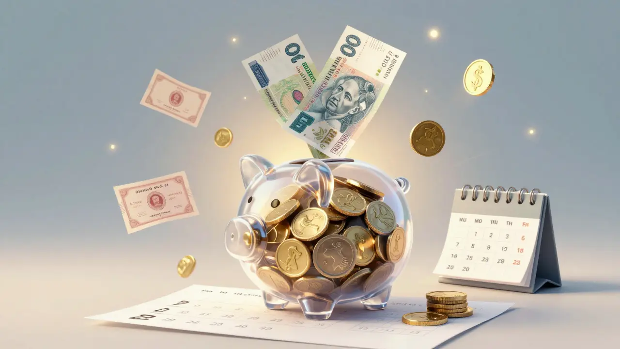 Průhledná pokladnička plná českých korun s ikonami krátkodobých finančních nástrojů kolem.