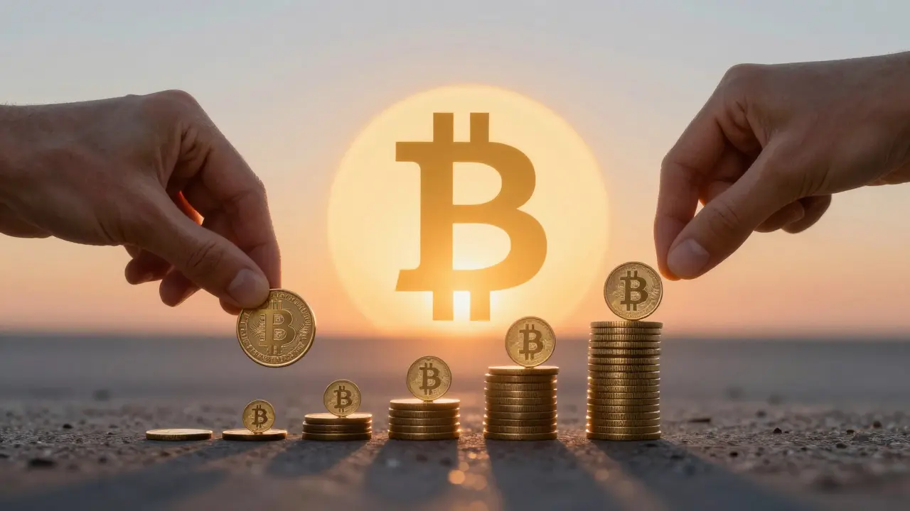 Ruka klade korunu na stoupající hromádku bitcoínů směrem k slunci