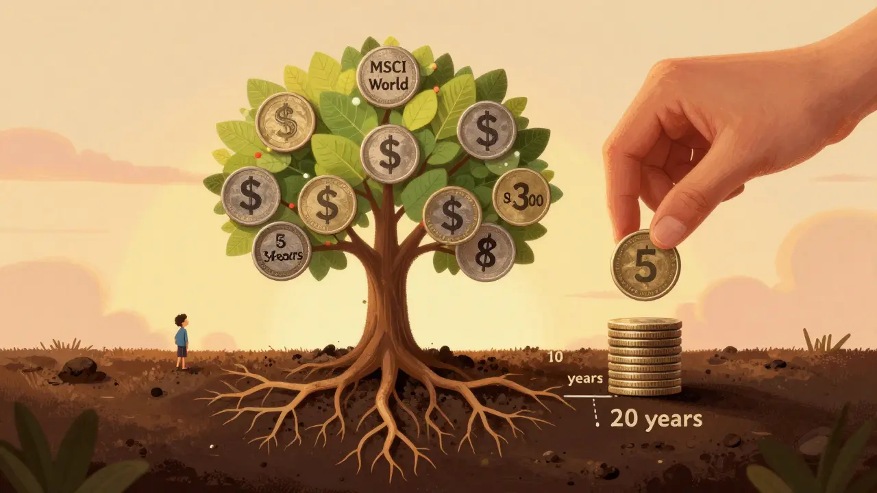 Ruka klade minci do stromu složeného z akcií, kořeny označené časovými obdobími.