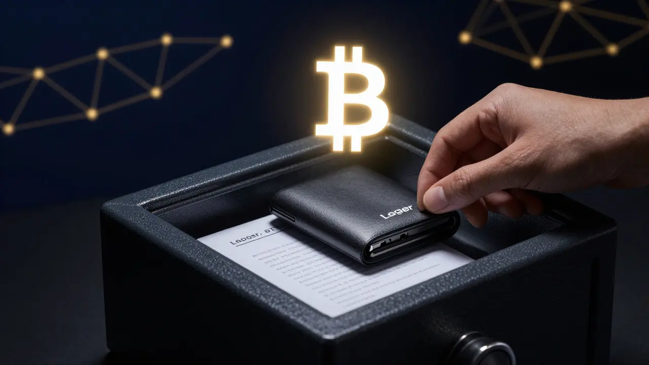 Ruka ukládá hardware peněženku do trezoru, nad ní se objevuje zářivý Bitcoin symbol jako ochránce.