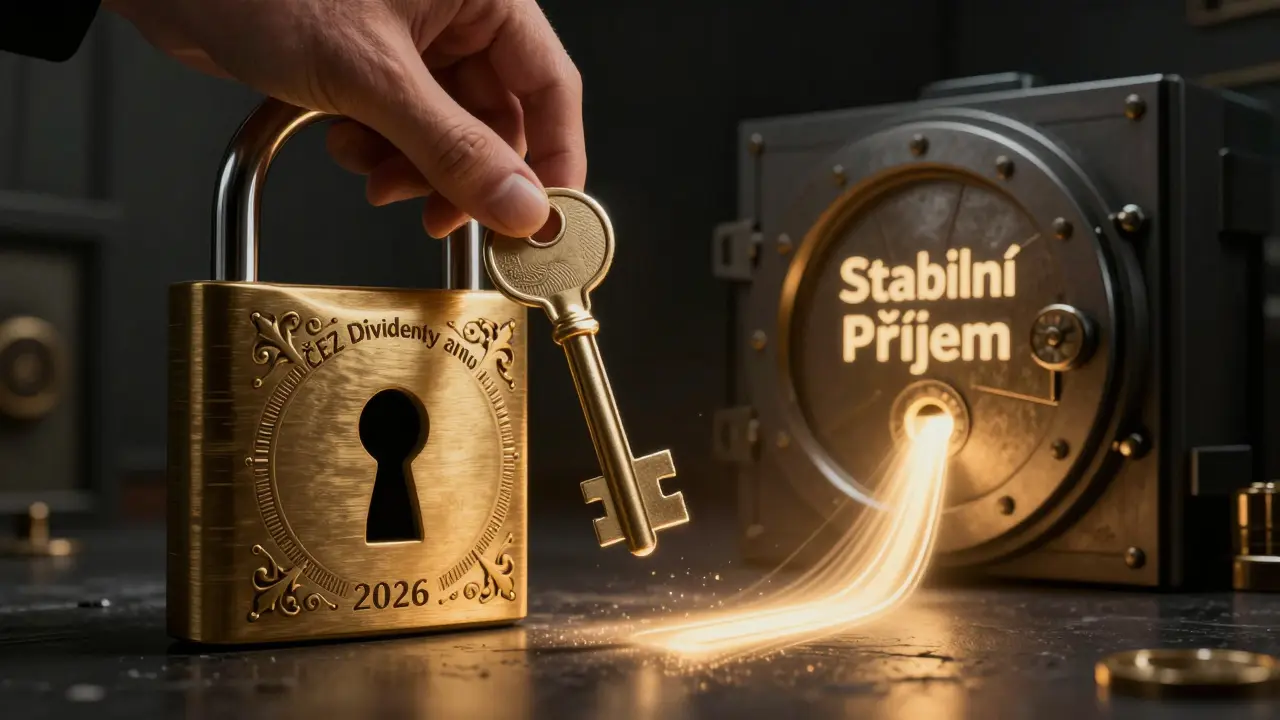 Ruka vkládá klíč do zámku s nápisem ČEZ Dividendy 2026, symbolizující bezpečnou investici.