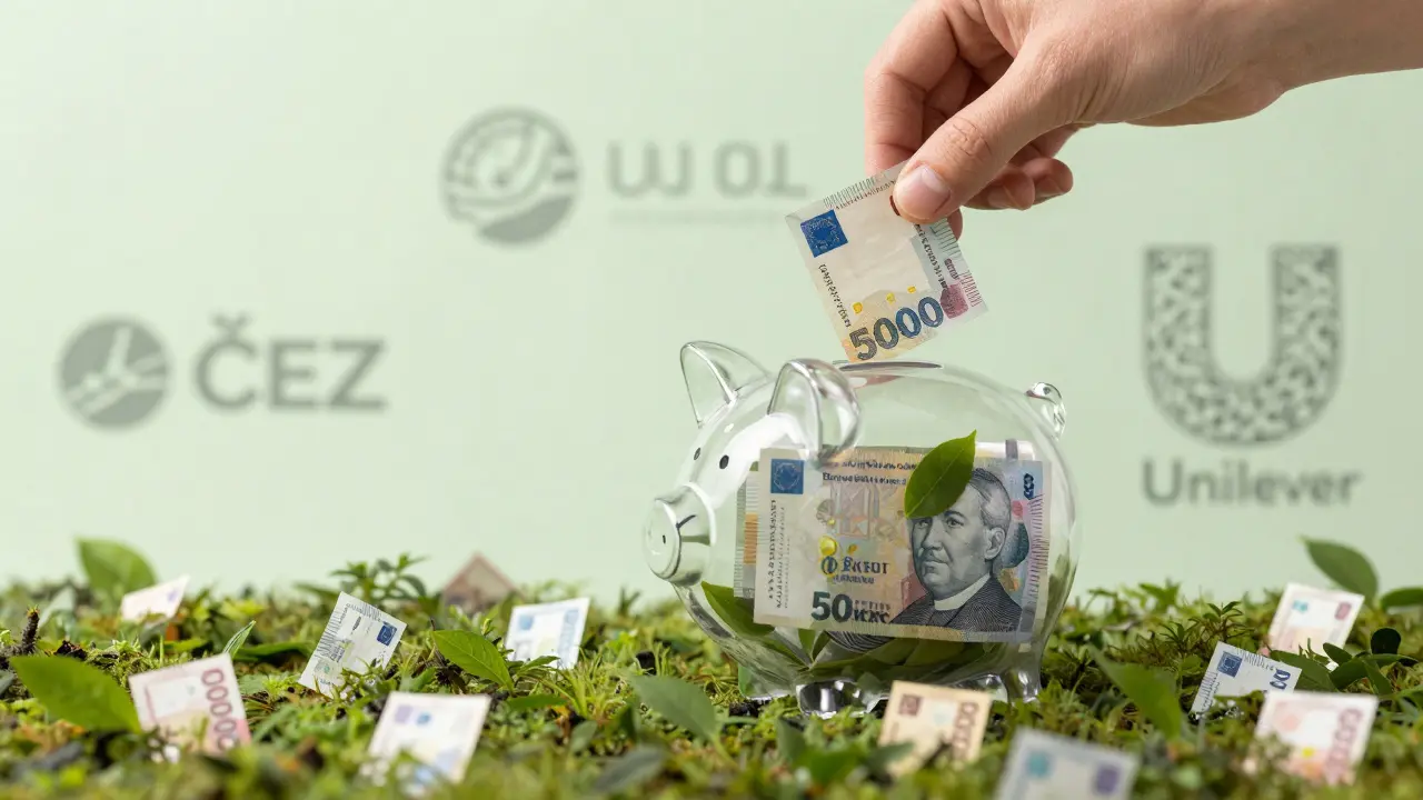 Ruka vkládá peníze do piggy banky, která se mění v les z akcií.