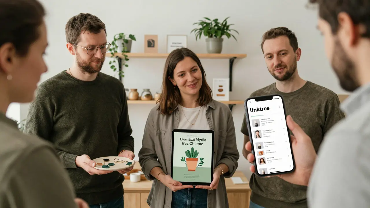 Různí čeští podnikatelé ukazují své produkty: keramiku, e-knihu a odkazy na webové stránky.