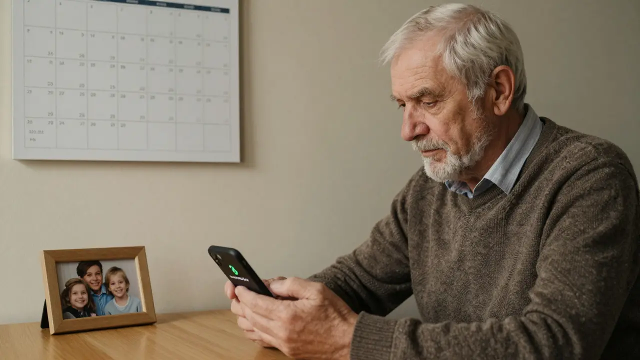 Starší muž v Česku potvrzuje staking kryptoměny na telefonu s kalendářem na pozadí.