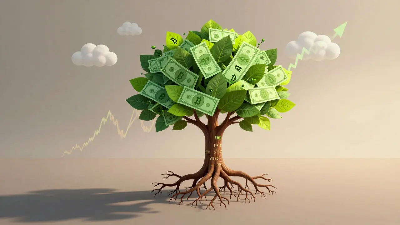 Strom s kořeny z blockchainu a listy přeměněnými v bitcoiny, symbolizující dlouhodobou investici.