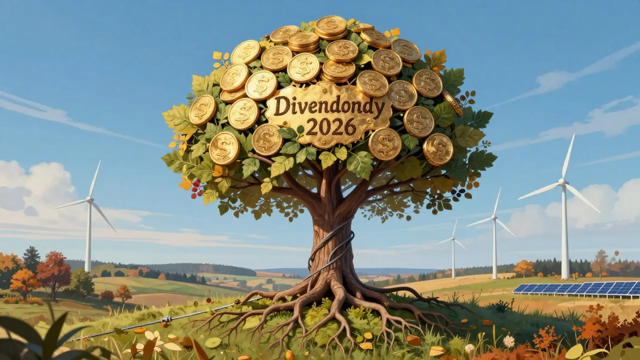 Strom s listy jako zlaté mince a kořeny jako elektrické vedení symbolizuje stabilní dividendní příjem ČEZ.