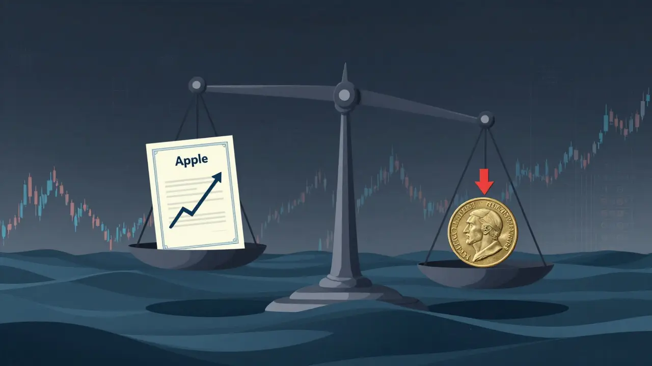 Váha s akcií Apple a korunou, přičemž směnný kurz tvoří turbulentní moře kolem nich.