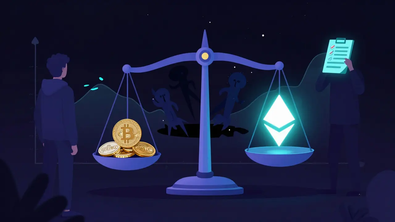 Váha s malou částkou korun a blockchainem, za nimi stíny paniky a FOMO.