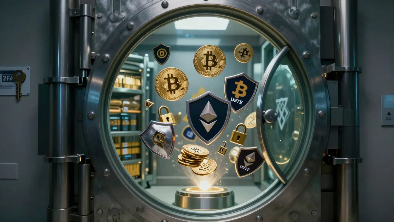 Bezpečnostní trezor s kryptoměnami a ochrannými vrstvami, klíč od dvoufaktorového ověření na zdi.