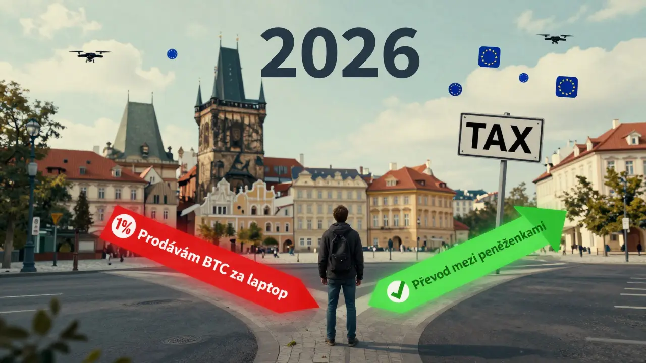 Člověk na rozcestí v Praze mezi daňově povinným a bezdaňovým převodem kryptoměn v roce 2026.