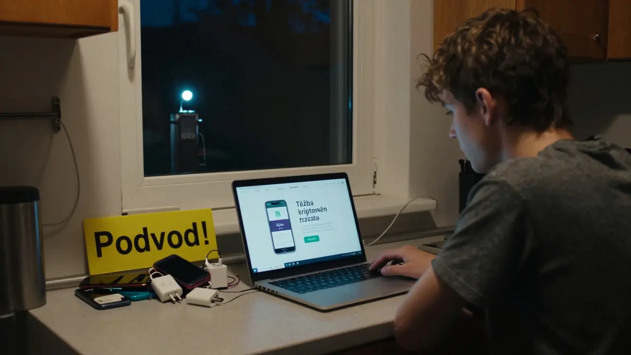 Člověk sleduje podezřelou mobilní aplikaci pro těžbu kryptoměn, zatímco vedle ní leží varovná značka 'Podvod'.