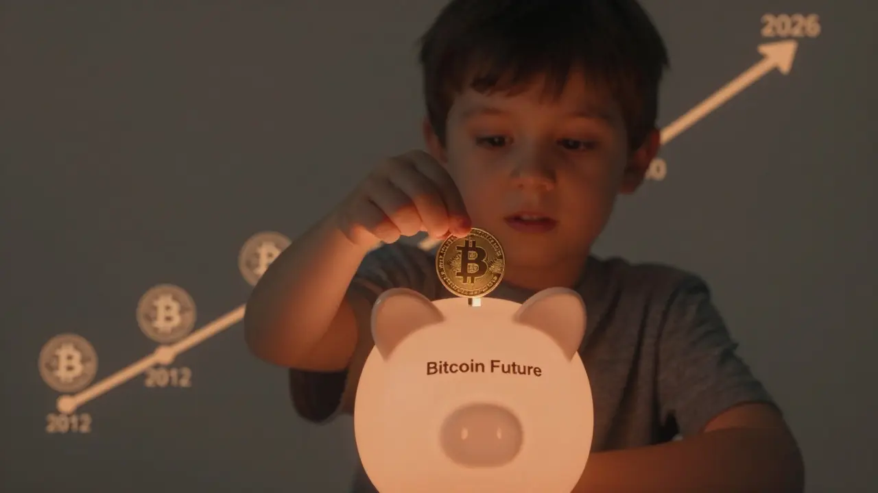 Dítě vkládá Satoshi minci do piggy banky, za ním časová osa růstu Bitcoinu.