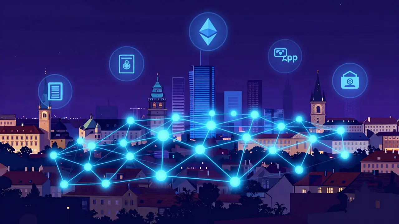 Ethereum síť jako světící digitální uzly spojené s pražskou panoramatickou krajinnou.