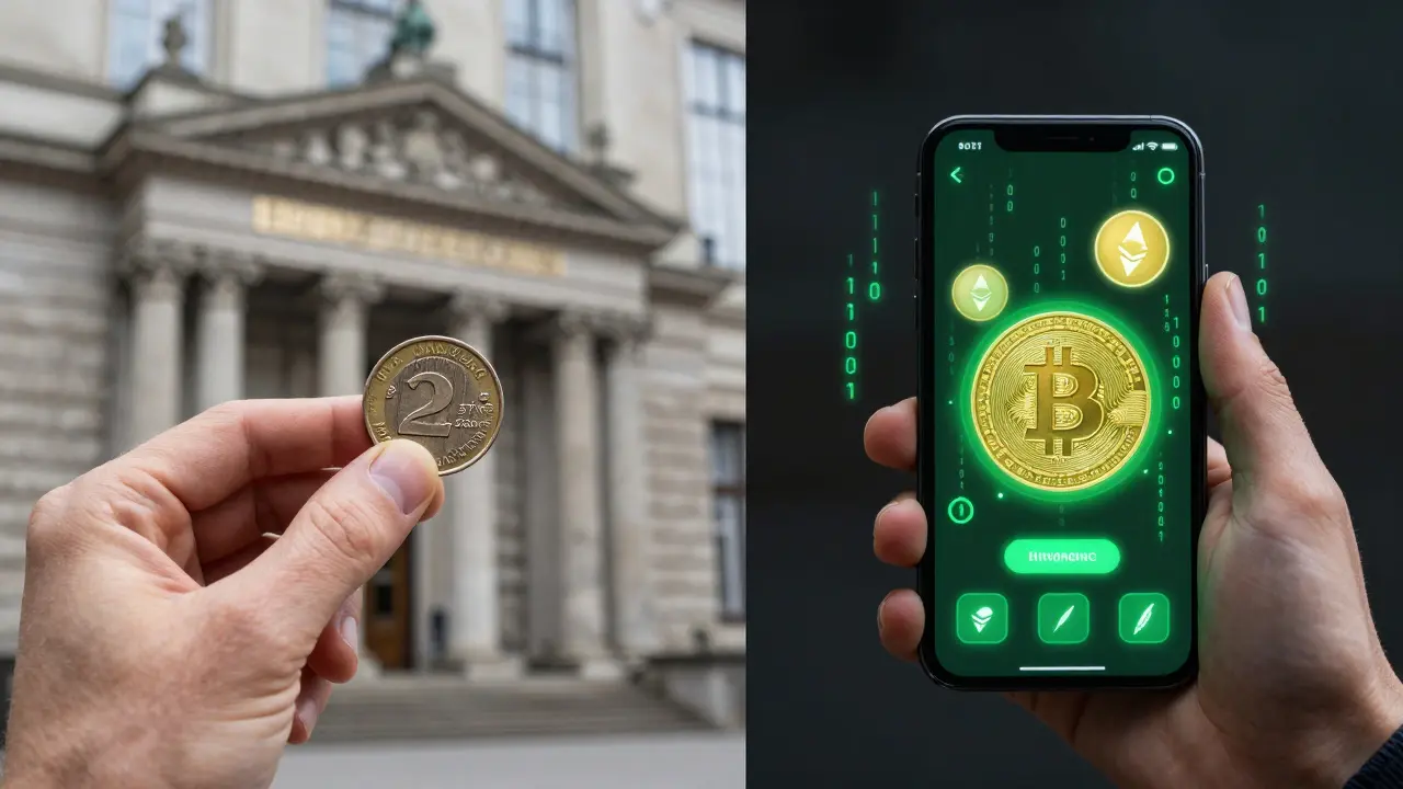 Hand holding both a koruna coin and a smartphone showing crypto wallet interface.