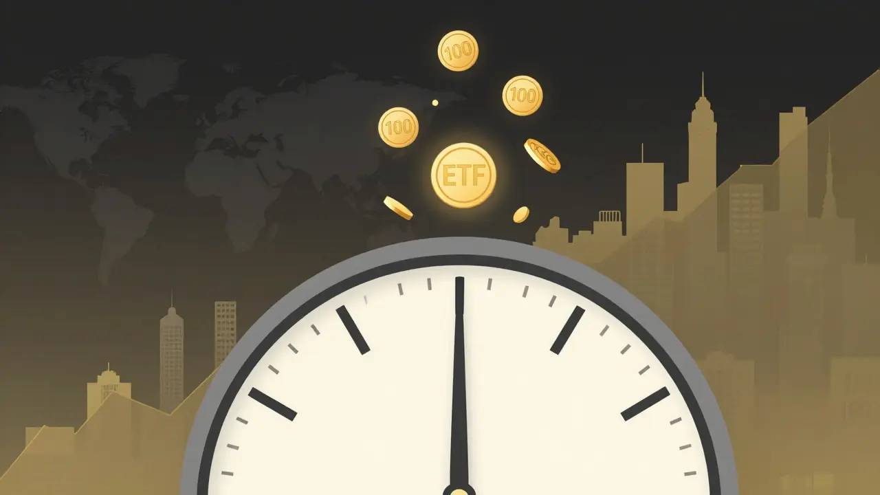 Hodiny s ručičkami tvořenými růstovými grafy, uprostřed ETF jednotka a globální města.