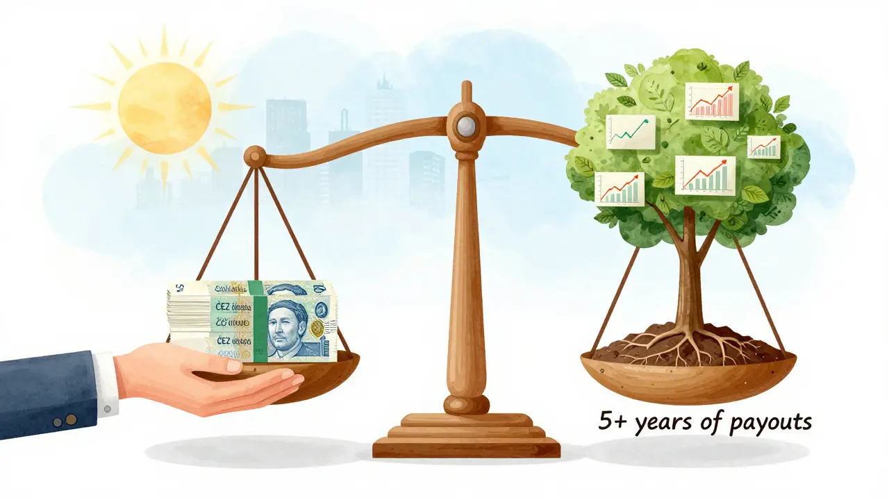 Investor drží váhu s dividendami a rostoucím stromem, symbolizující trvalý příjem a růst.
