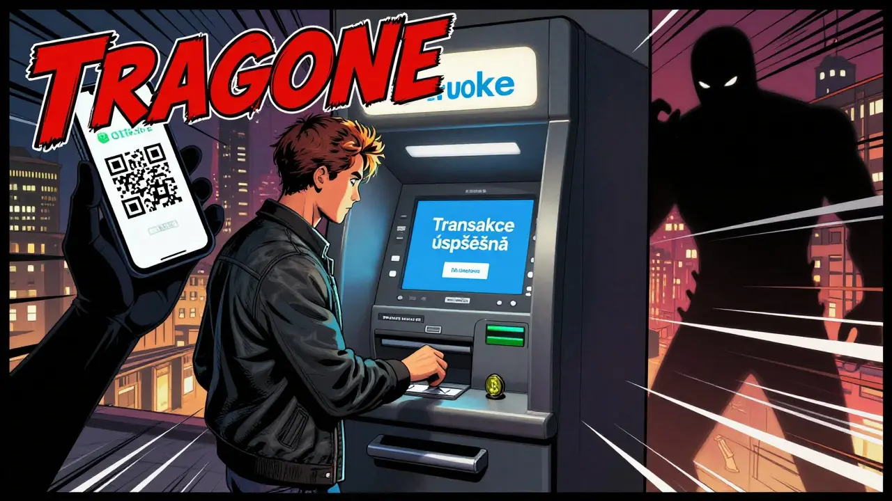 Komiksový styl: uživatel bezpečně koupí bitcoin, zatímco podvodník se snaží zneužít QR kód.