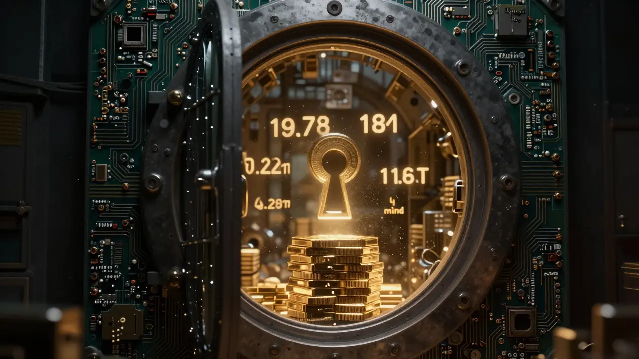 Kovové trezorové dveře z obvodů s otevřeným vnitřkem plným bloků Bitcoinu a jedním klíčem ve tvaru hash.