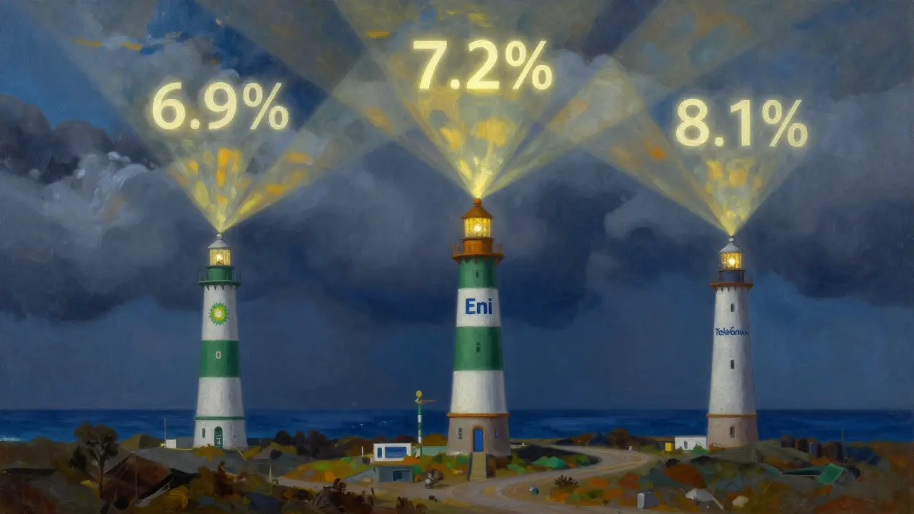 Lekárny BP, Eni a Telefónica na pobřeží Evropy s výkaznými světly dividend v noční obloze.