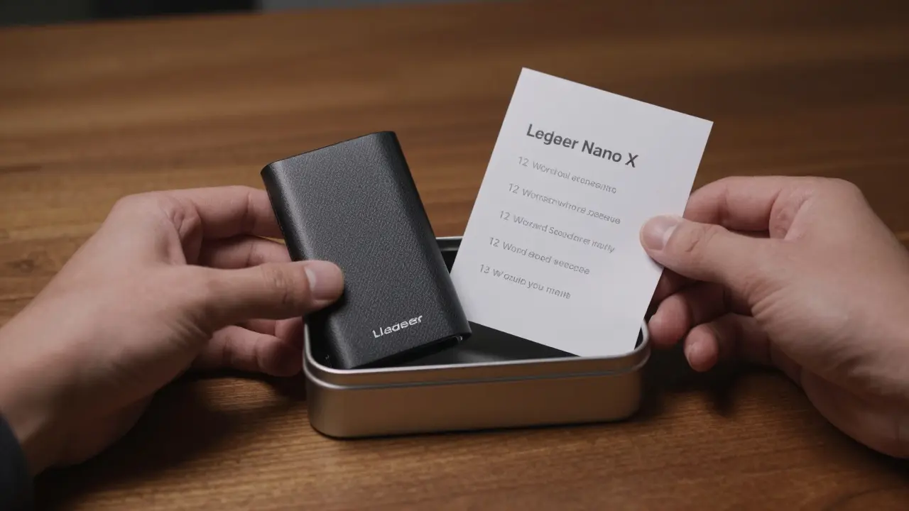 Osoba drží hardwarovou peněženku Ledger a záložní klíč na papíře uložený v krabičce.