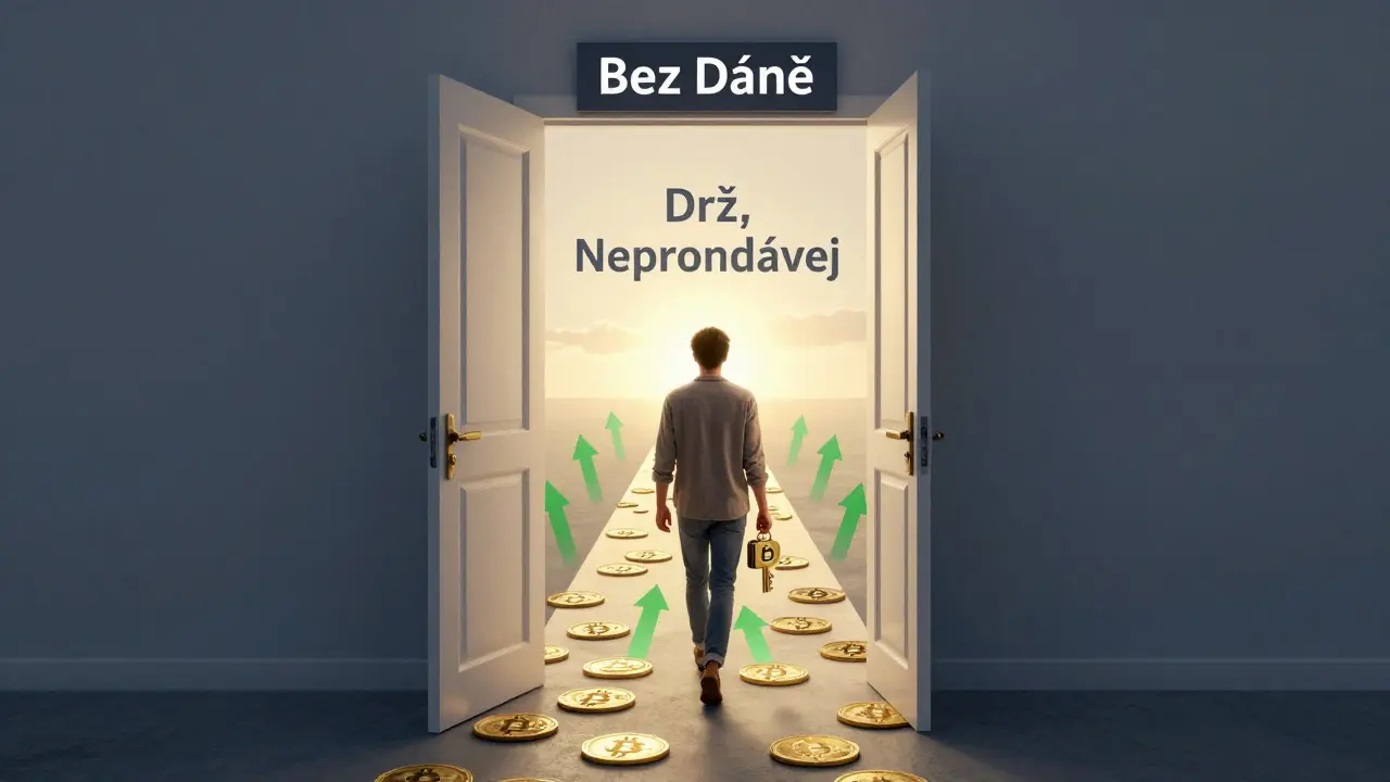 Osoba kráčí dveřmi 'Bez Dáně' s klíčem tvaru peněženky, za ní kryptoměny a nápis 'Drž, Neprodávej'.