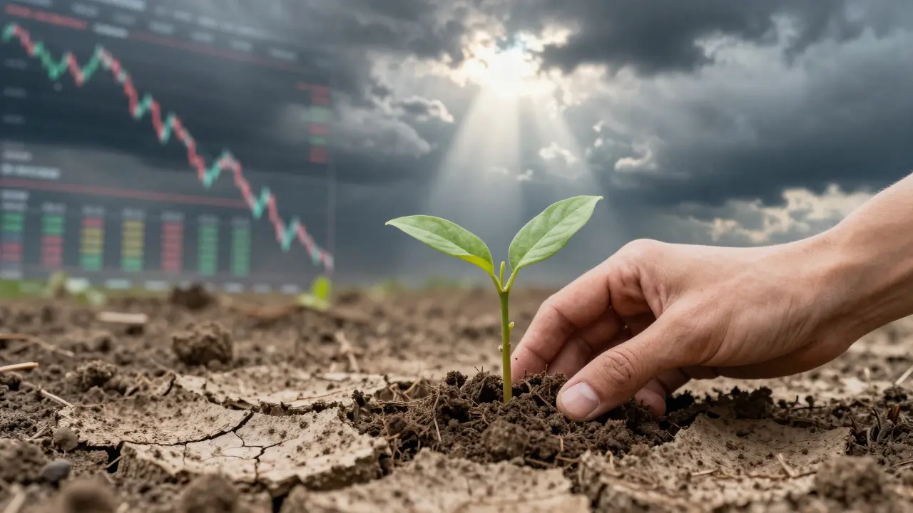 Osoba sází stéblo v prasklé zemi za bouře, symbolizující obnovu trhu