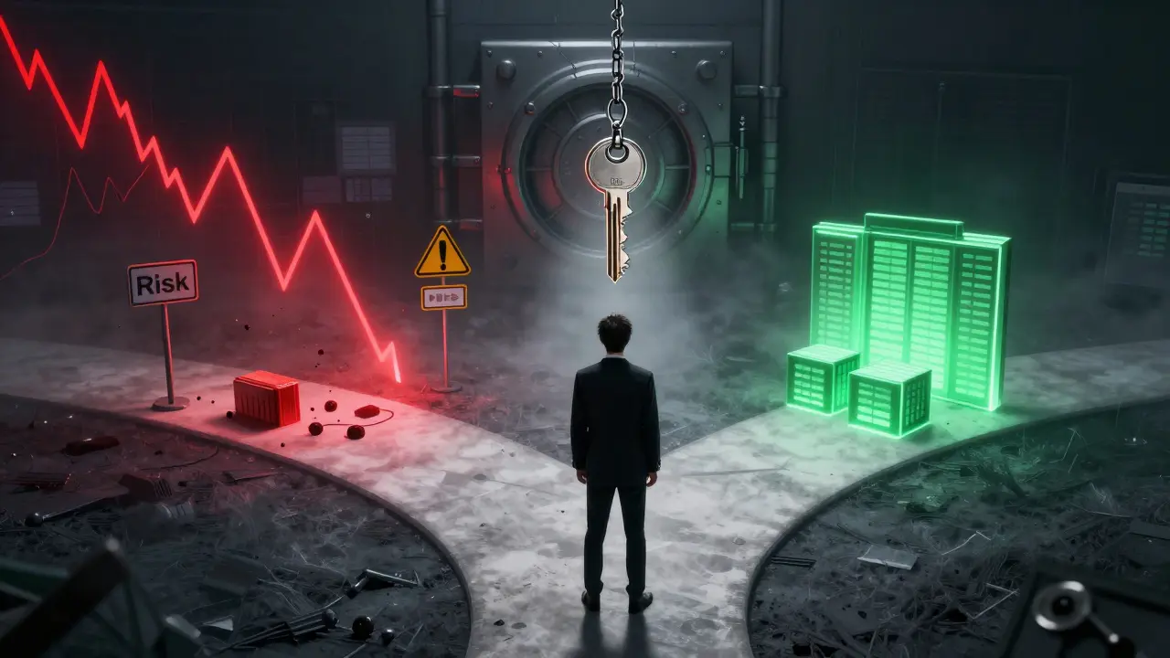 Person at crossroads between chaotic market chart and calm blockchain ledger.