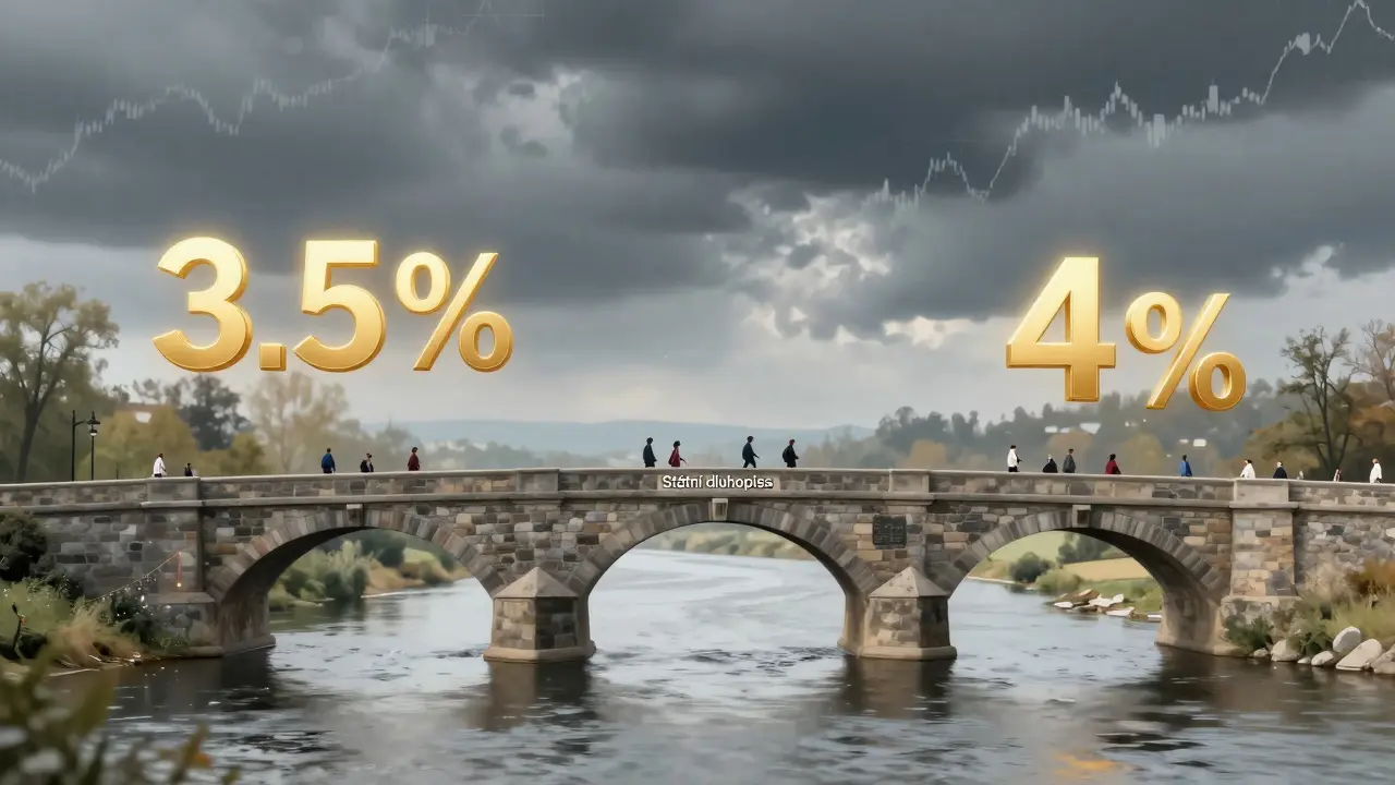 Pevná mostní struktura představující státní dluhopisy, vede bezpečně přes finanční bouři.