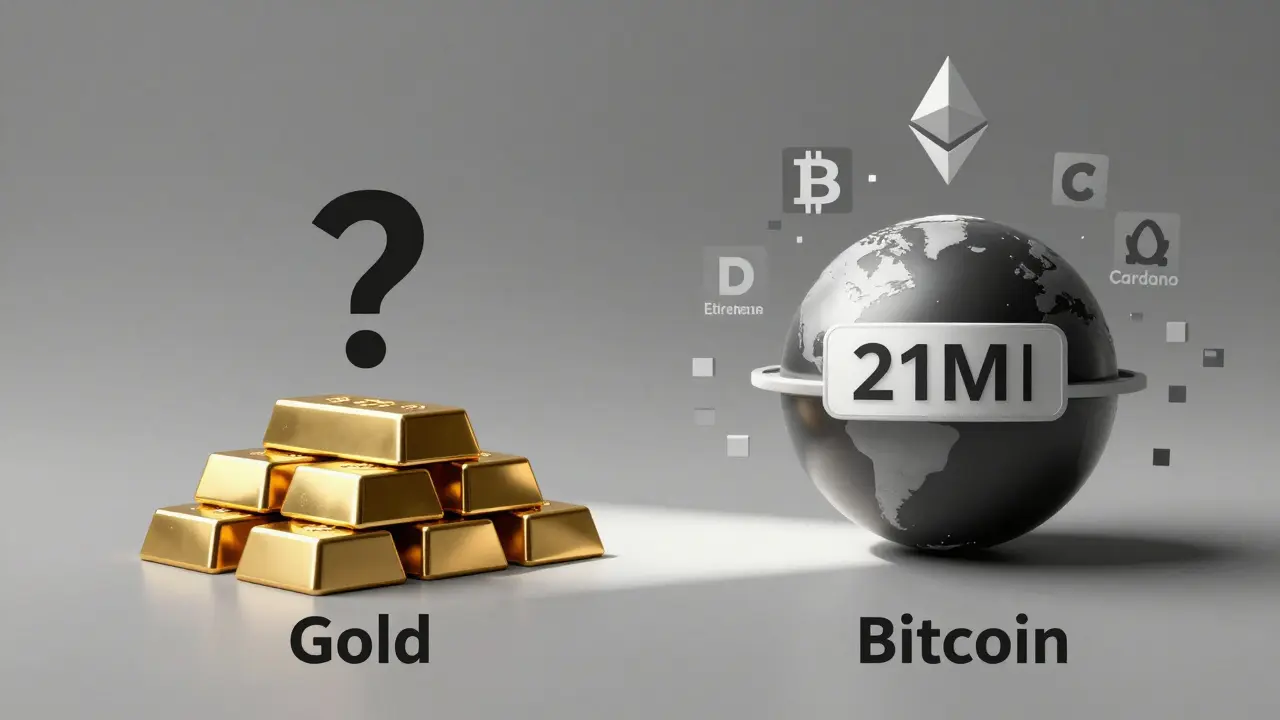 Porovnání zlata a Bitcoinu: zlato s otazníkem a Bitcoin s pevným limitem 21M, ostatní kryptoměny se rozpadají.