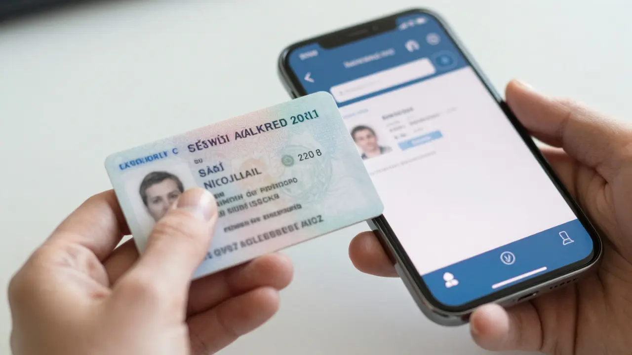 Ruce držící občanský průkaz a smartphone s ověřovacím procesem.