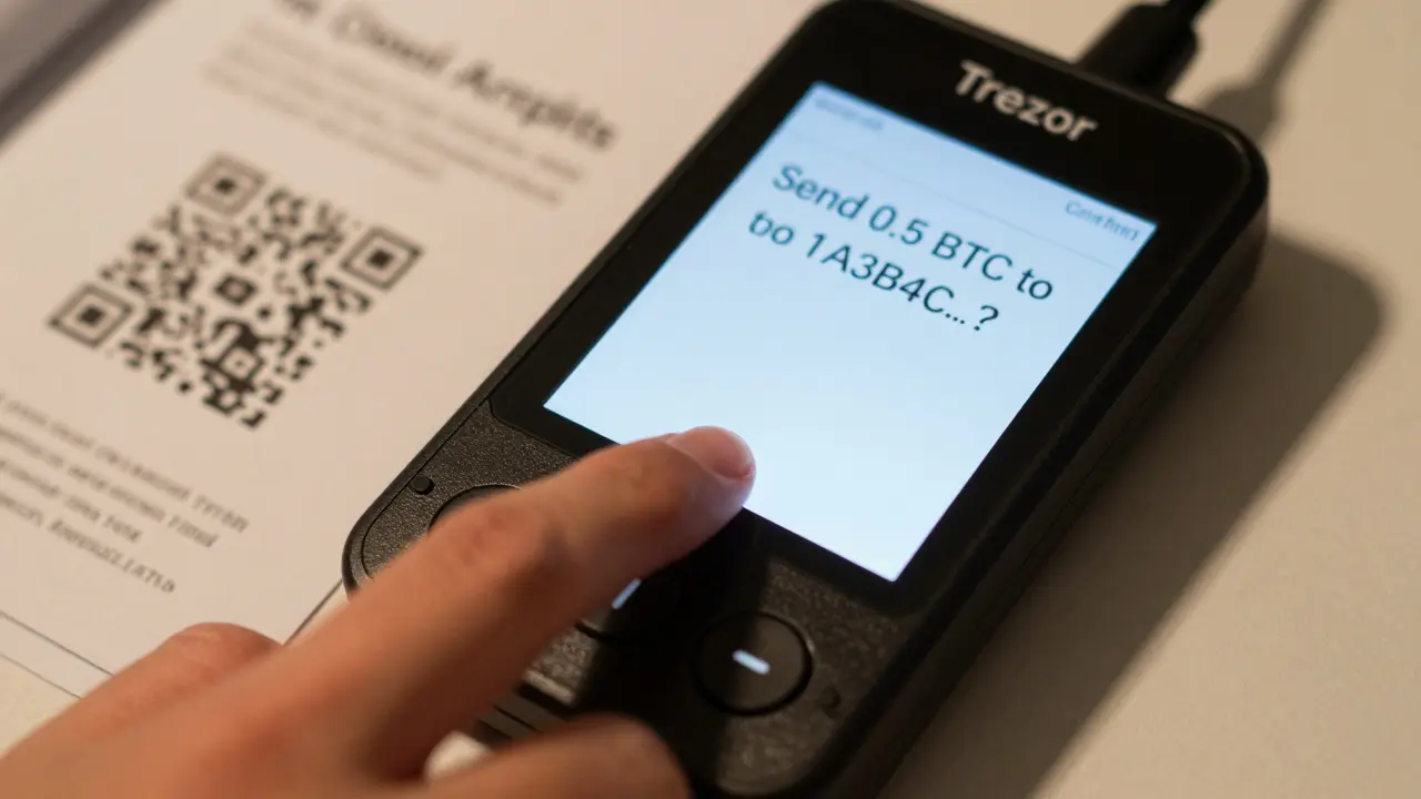 Ruka potvrzuje převod Bitcoinů na zařízení trezoru s viditelnou adresou.