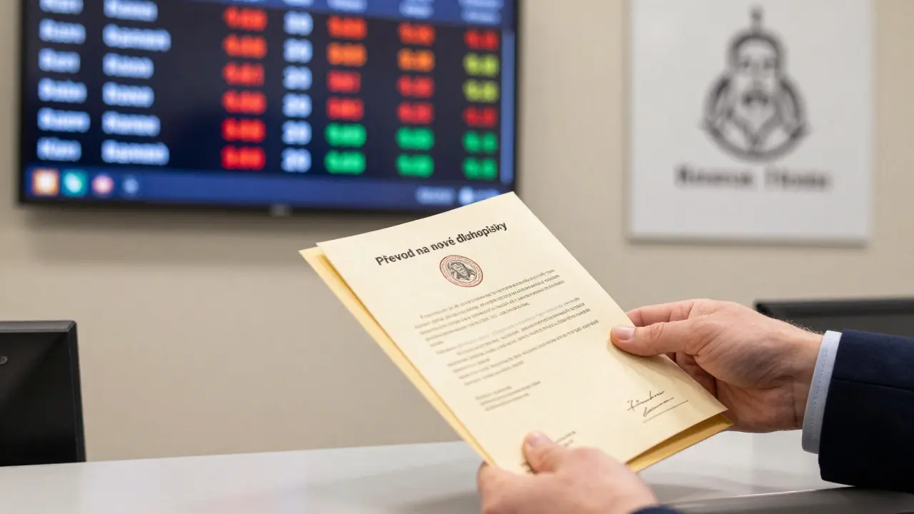 Ruka předává starý inflační dluhopis za nový na bankovním účtu v Praze.