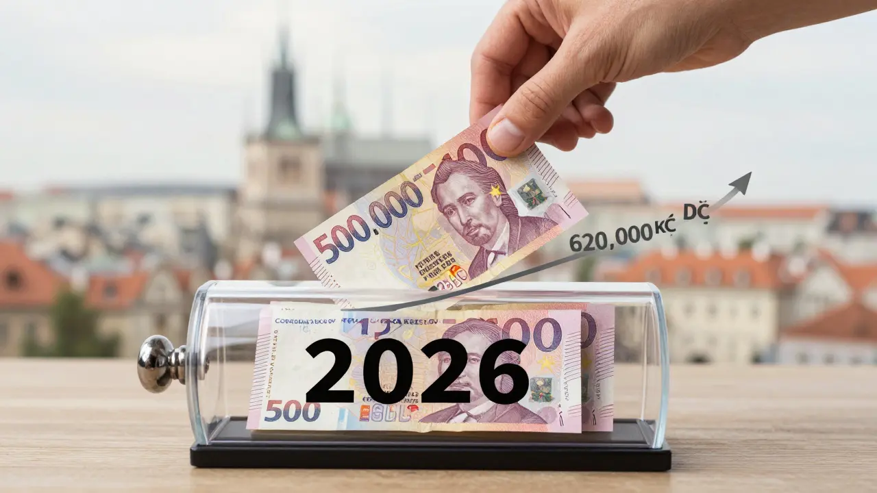 Ruka vkládá 500 Kč do časové kapsle s nápisem '2026' a růstem hodnoty.