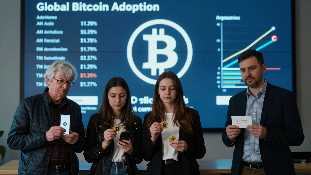 Různé skupiny lidí v Praze drží různé typy Bitcoin peněženek, před pozadím s globálními daty o přijetí kryptoměny.