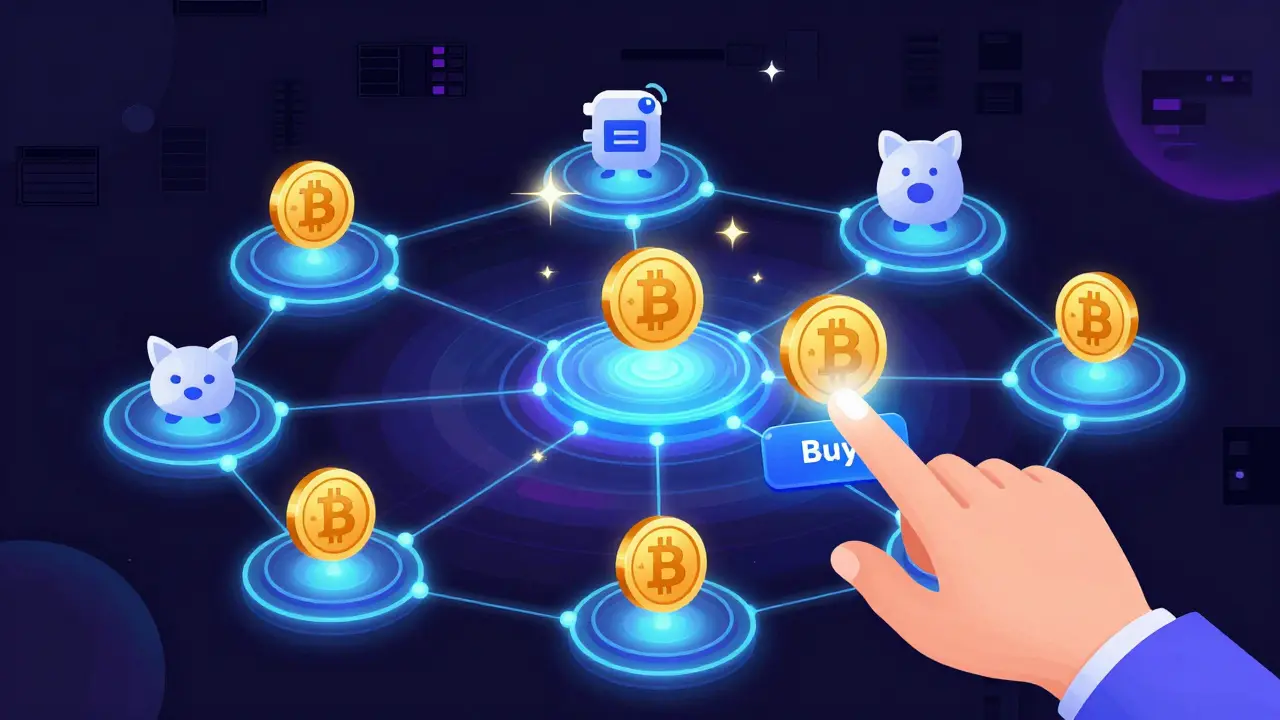 Umělecká představa digitálního ekosystému Binance s propojenými uzly, BNB tokeny a tlačítkem pro nákup.