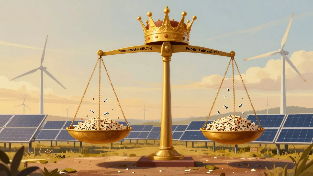 Váha s korunou státu a tisíci akcií veřejného oběhu, pozadí větrné a solární elektrárny