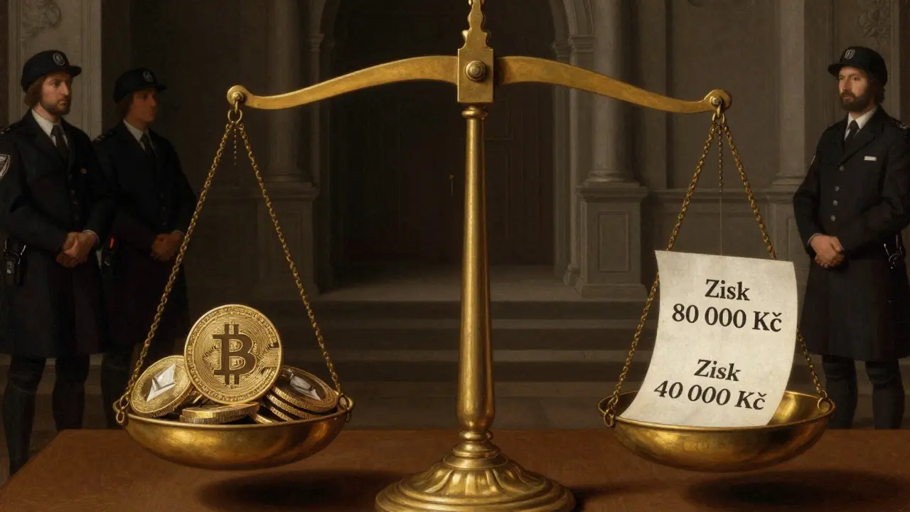 Váha s kryptoměnami a rozděleným ziskem mezi dva roky, symbolizující legální rozložení daně.