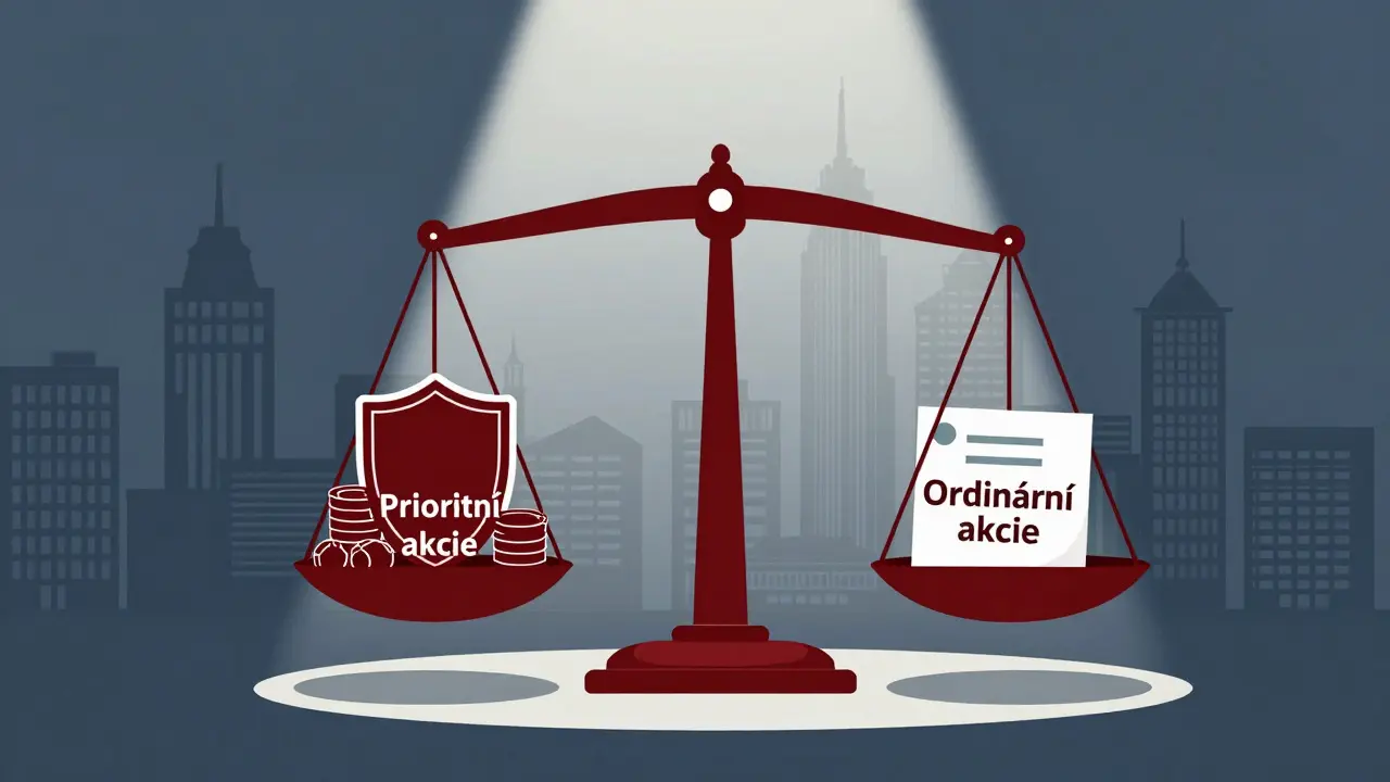 Váha s prioritními a ordinárními akciemi, symbolizující rovnováhu mezi hlasováním a dividendami.